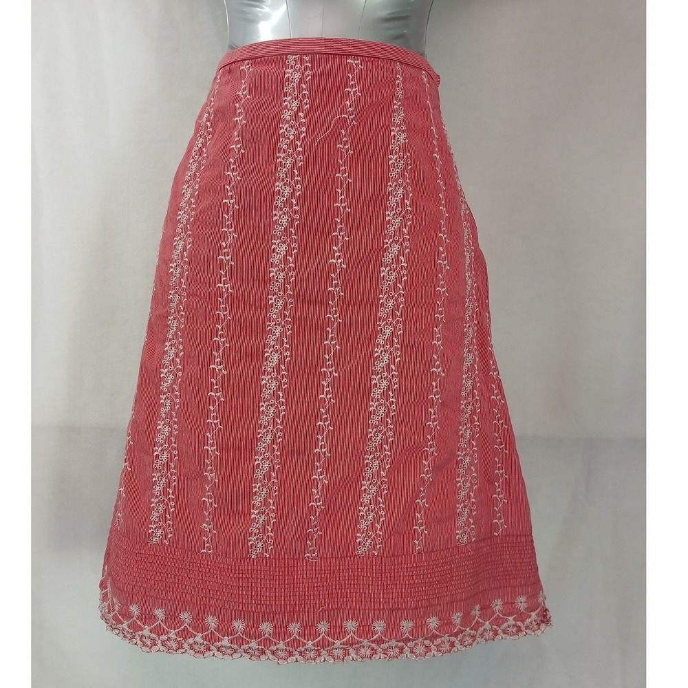 Garnet‎ Hill Red Seersucker Floral Embroidered Eyelet A-Line Mini Skirt 2 Cotton